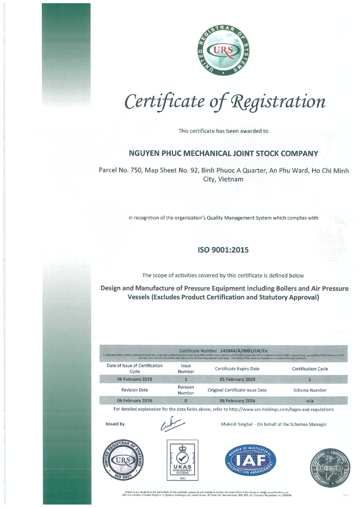 Công ty lò hơi Nguyên Phúc đạt chứng nhận chất lượng ISO 9001:2015OS