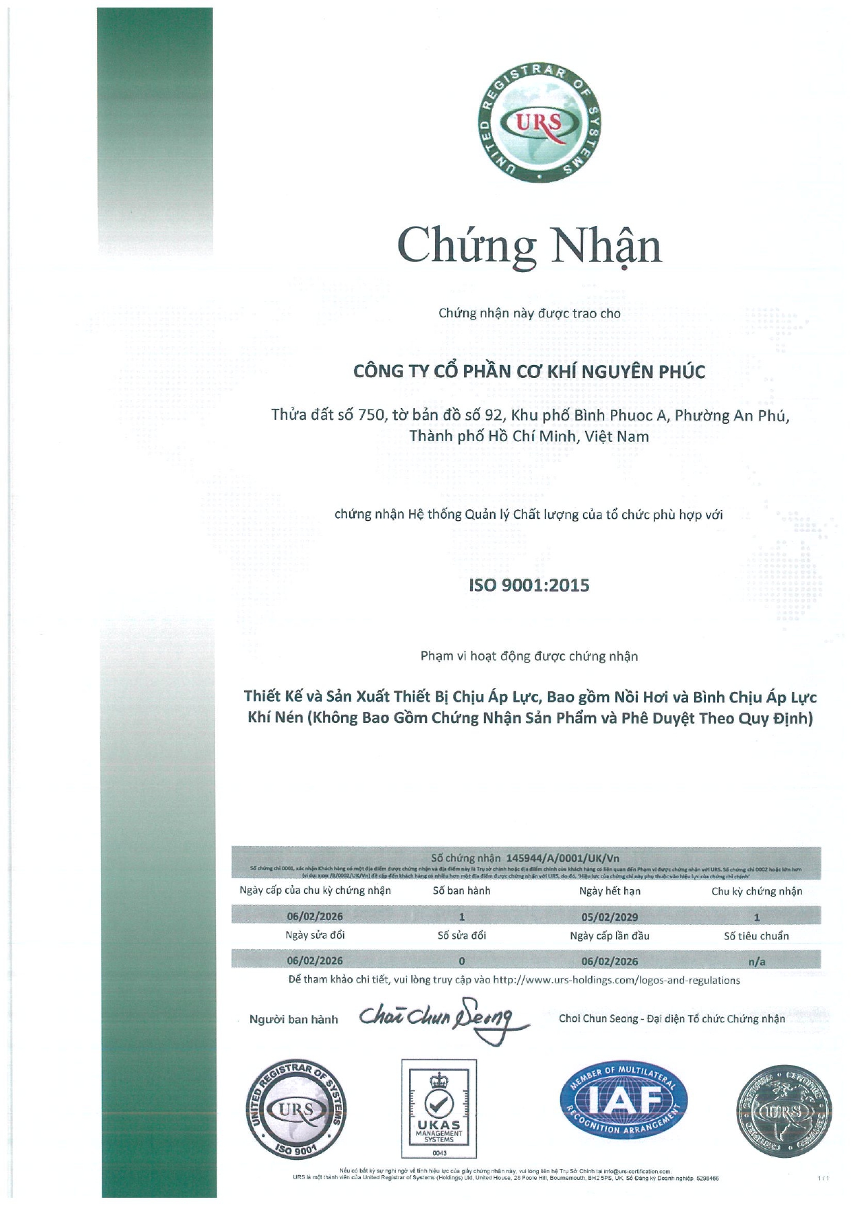 Công ty lò hơi Nguyên Phúc đạt chứng nhận chất lượng ISO 9001:2015OS